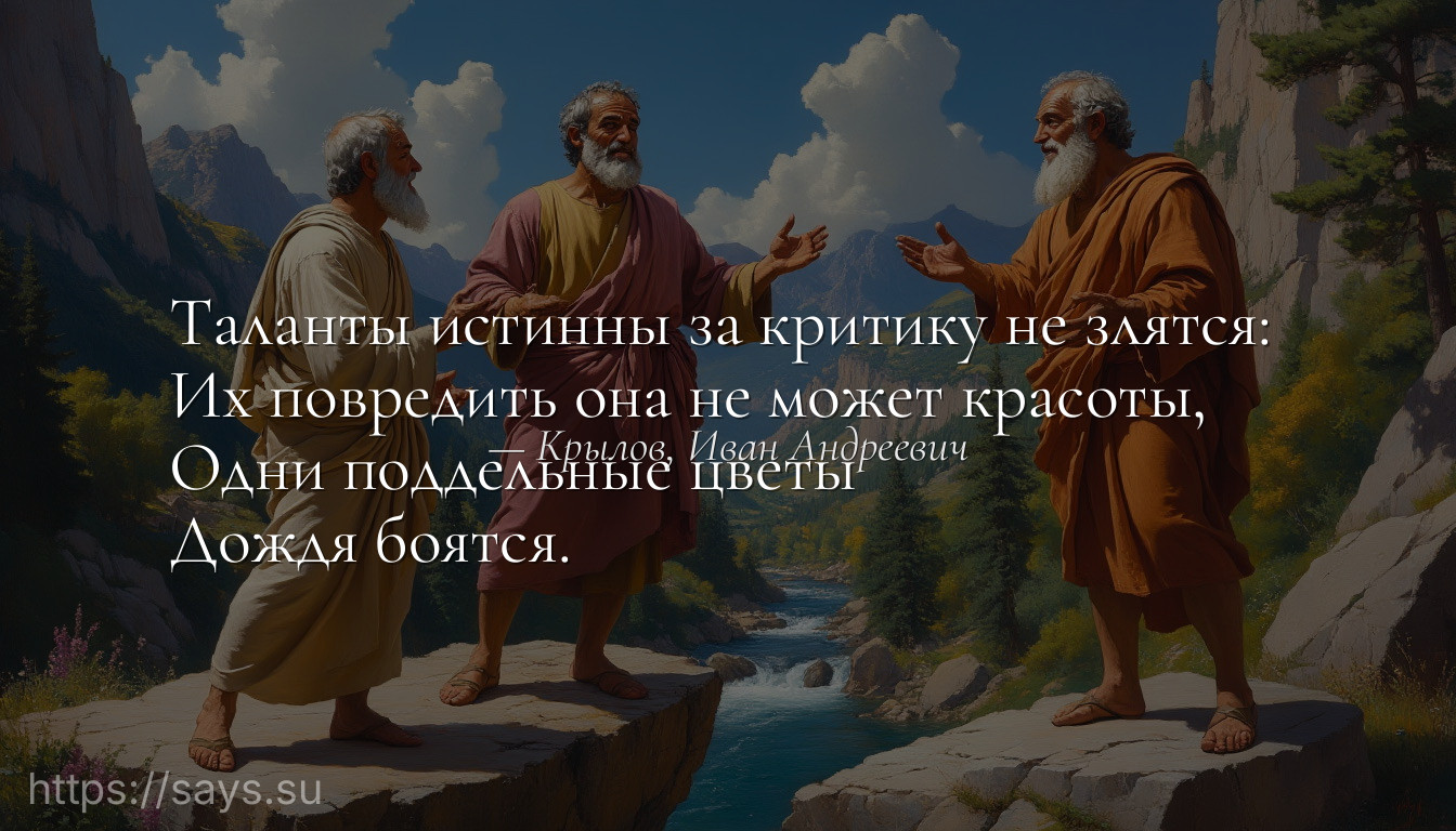 Таланты истинны за критику не злятся: <br />Их повредить она не может красоты, <br />Одни поддельные цветы <br />Дождя боятся.