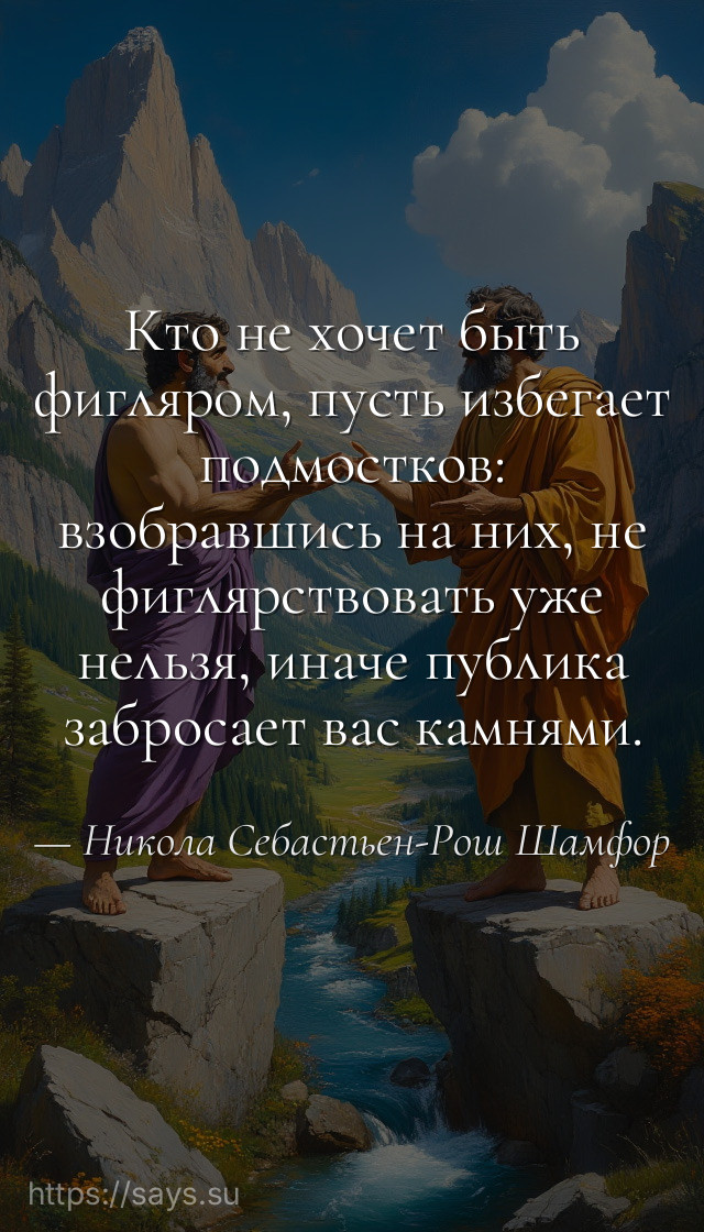 Кто не хочет быть фигляром, пусть избегает подмостков: взобравшись на них, не фиглярствовать уже нельзя, иначе публика забросает вас камнями.