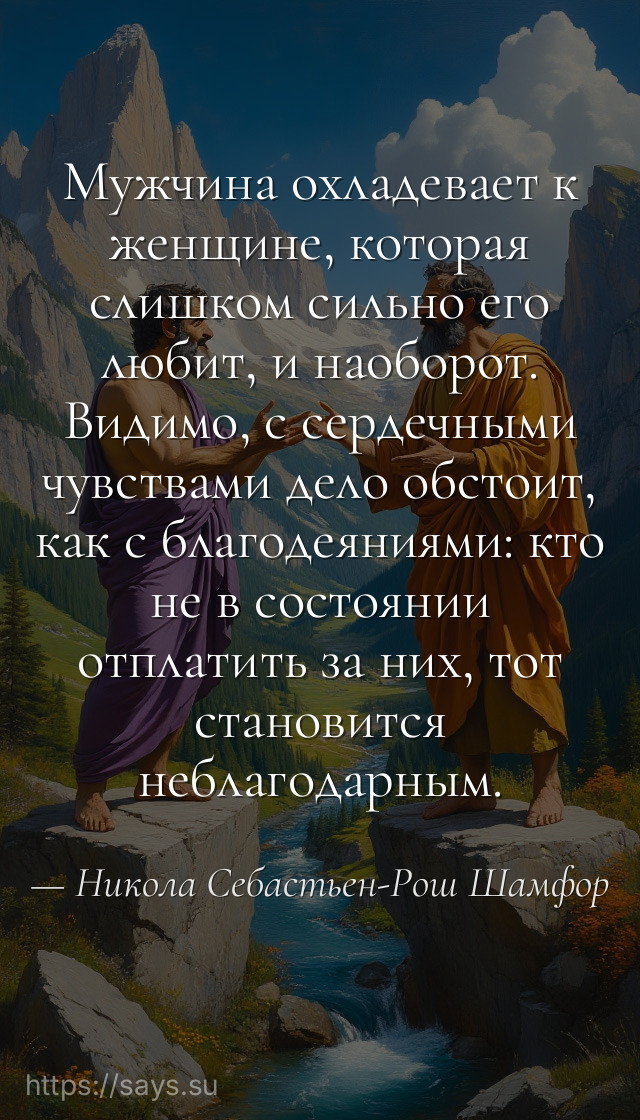 Мужчина охладевает к женщине, которая слишком сильно его любит, и наоборот. Видимо, с сердечными чувствами дело обстоит, как с благодеяниями: кто не в состоянии отплатить за них, тот становится неблагодарным.