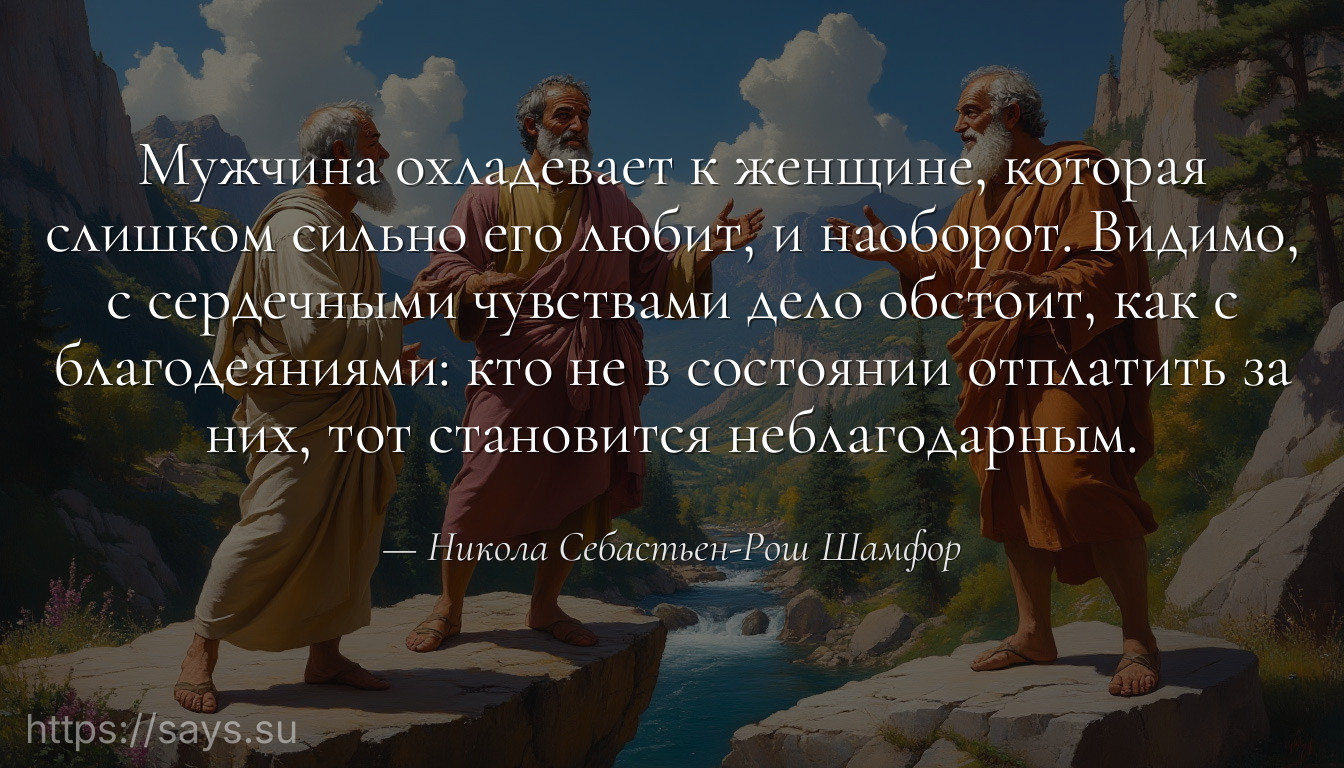 Мужчина охладевает к женщине, которая слишком сильно его любит, и наоборот. Видимо, с сердечными чувствами дело обстоит, как с благодеяниями: кто не в состоянии отплатить за них, тот становится неблагодарным.