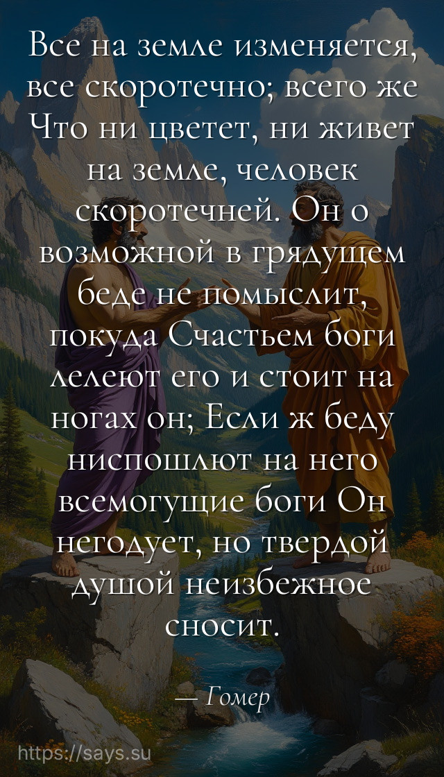 Все на земле изменяется, все скоротечно; всего же Что ни цветет, ни живет на земле, человек скоротечней. Он о возможной в грядущем беде не помыслит, покуда Счастьем боги лелеют его и стоит на ногах он; Если ж беду ниспошлют на него всемогущие боги Он негодует, но твердой душой неизбежное сносит.