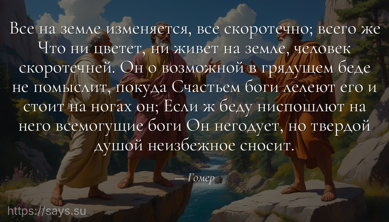 Все на земле изменяется, все скоротечно; всего же Что ни цветет, ни живет на земле, человек скоротечней. Он о возможной в грядущем беде не помыслит, покуда Счастьем боги лелеют его и стоит на ногах он; Если ж беду ниспошлют на него всемогущие боги Он негодует, но твердой душой неизбежное сносит.