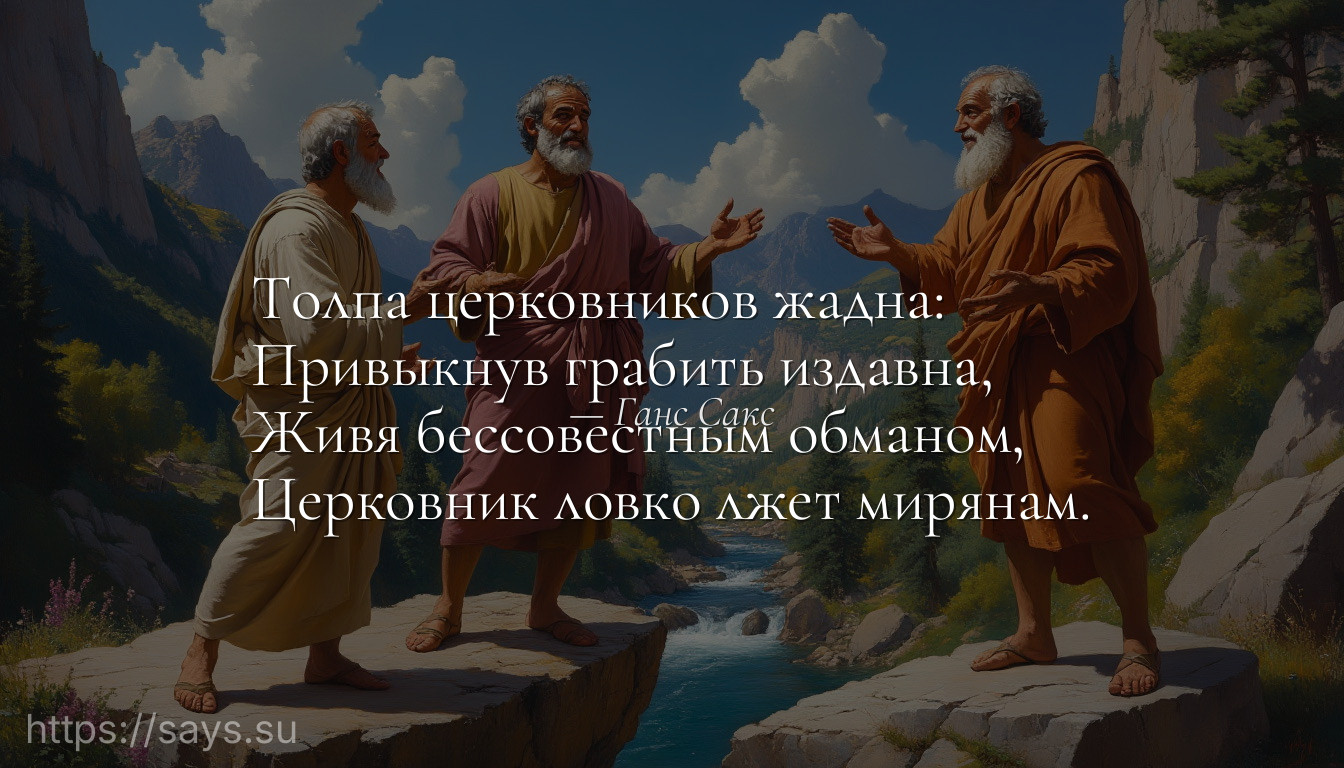 Толпа церковников жадна:<br />Привыкнув грабить издавна, <br />Живя бессовестным обманом, <br />Церковник ловко лжет мирянам.