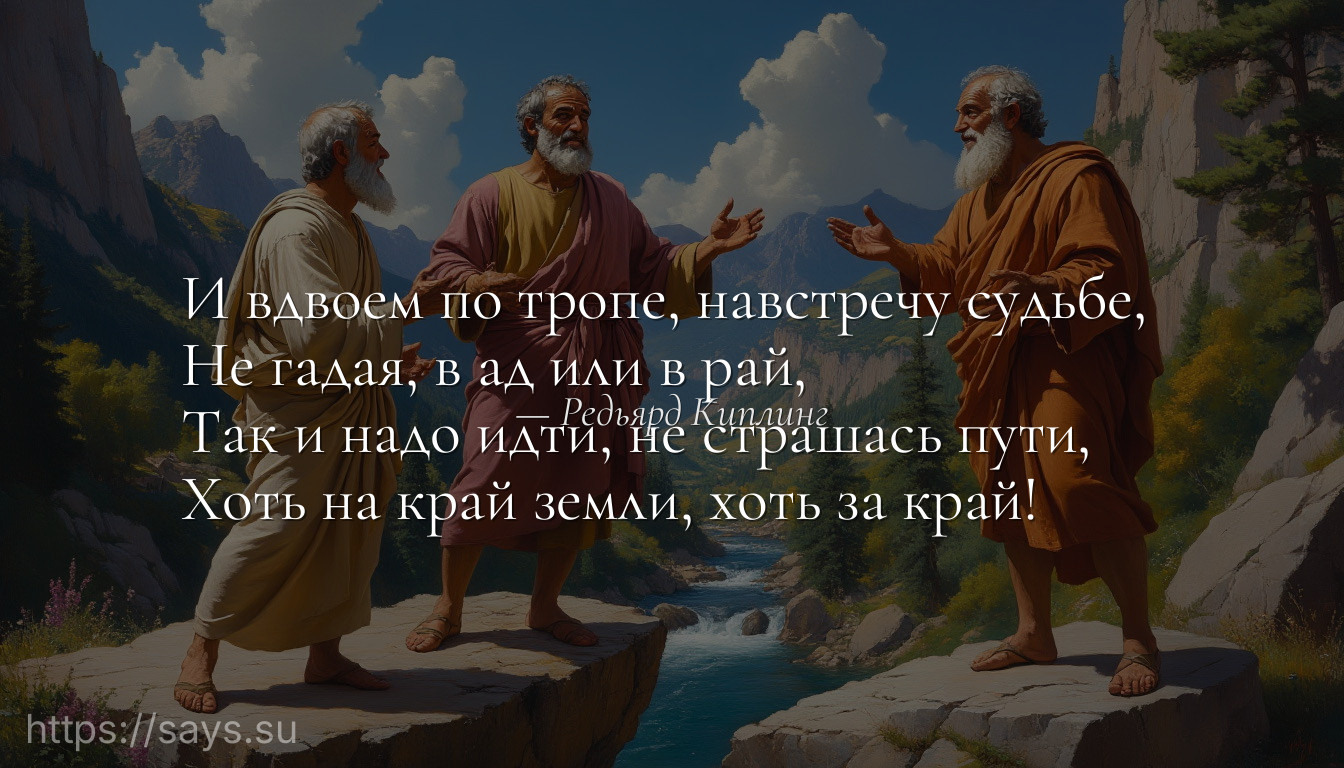 И вдвоем по тропе, навстречу судьбе, <br />Не гадая, в ад или в рай, <br />Так и надо идти, не страшась пути, <br />Хоть на край земли, хоть за край!