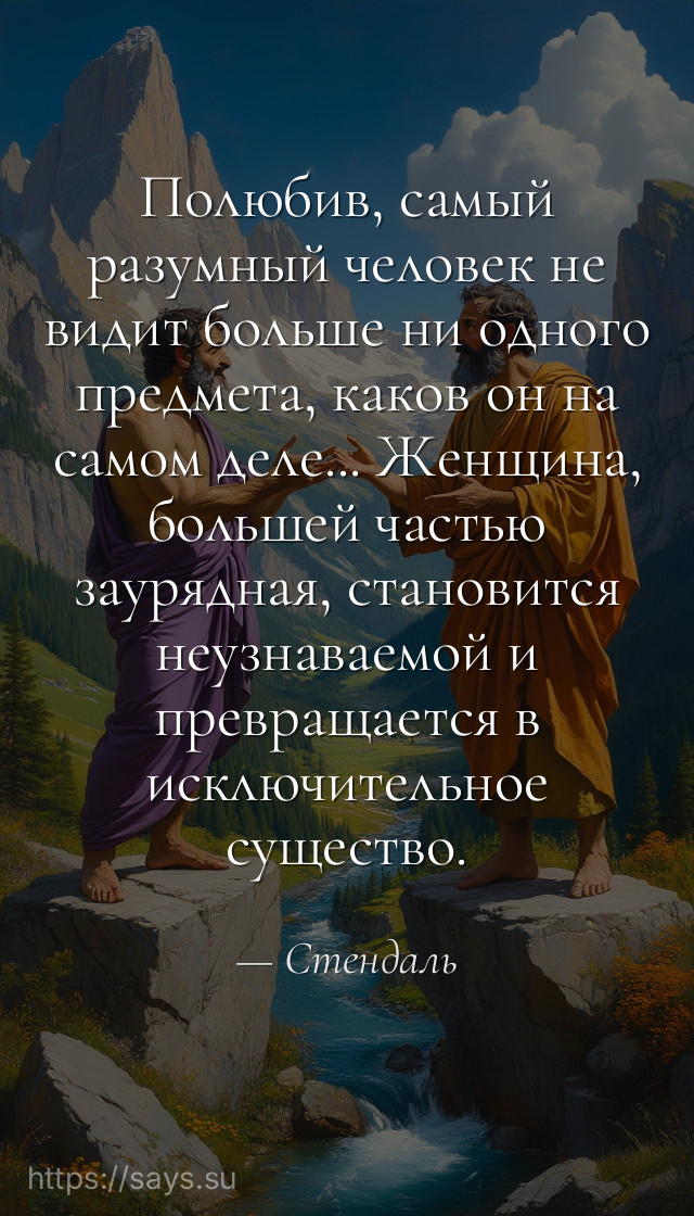 Полюбив, самый разумный человек не видит больше ни одного предмета, каков он на самом деле... Женщина, большей частью заурядная, становится неузнаваемой и превращается в исключительное существо.