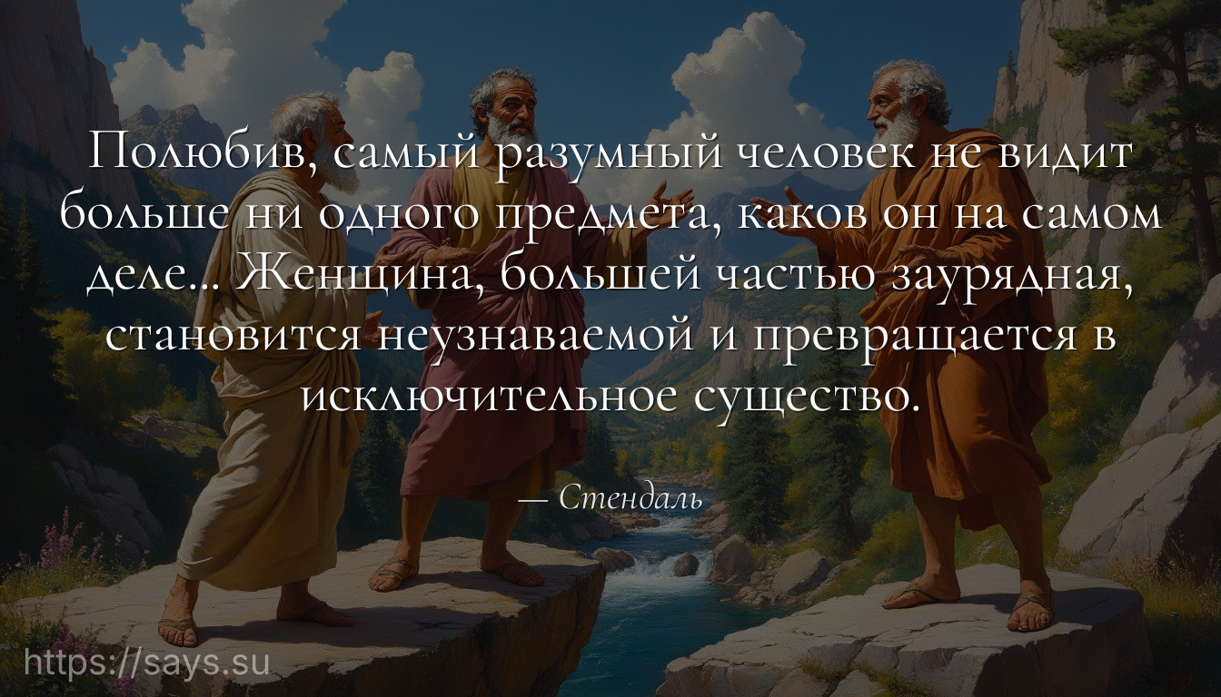Полюбив, самый разумный человек не видит больше ни одного предмета, каков он на самом деле... Женщина, большей частью заурядная, становится неузнаваемой и превращается в исключительное существо.