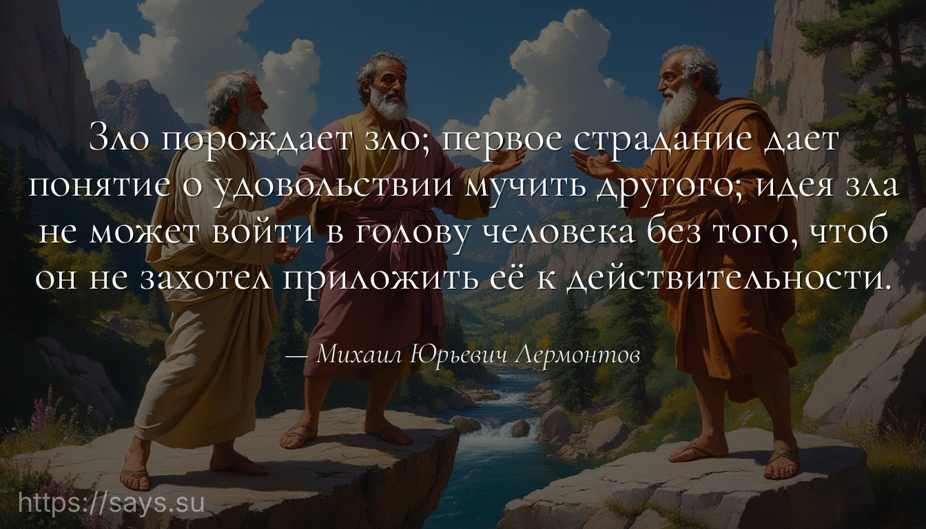 Зло порождает зло; первое страдание дает понятие о удовольствии мучить другого; идея зла не может войти в голову человека без того, чтоб он не захотел приложить её к действительности.
