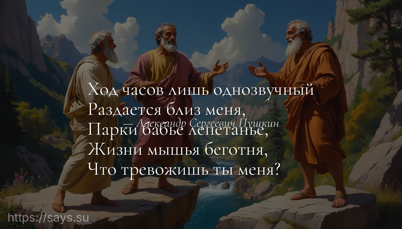 Ход часов лишь однозвучный<br />Раздается близ меня,<br />Парки бабье лепетанье,<br />Жизни мышья беготня, <br />Что тревожишь ты меня?