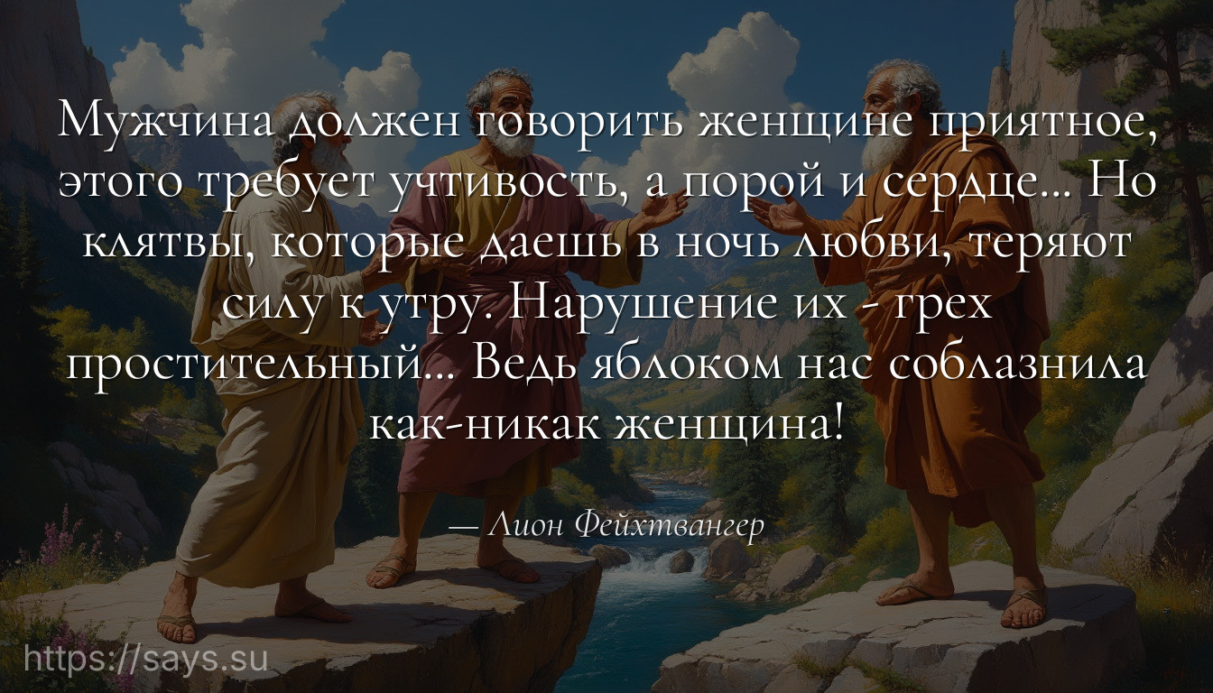 Мужчина должен говорить женщине приятное, этого требует учтивость, а порой и сердце... Но клятвы, которые даешь в ночь любви, теряют силу к утру. Нарушение их - грех простительный... Ведь яблоком нас соблазнила как-никак женщина!