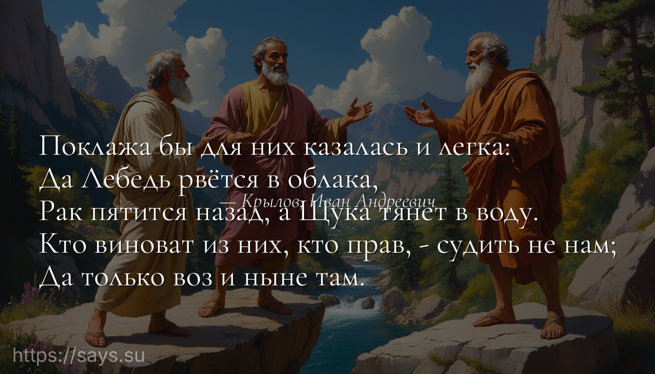 Поклажа бы для них казалась и легка:<br />Да Лебедь рвётся в облака,<br />Рак пятится назад, а Щука тянет в воду.<br />Кто виноват из них, кто прав, - судить не нам;<br />Да только воз и ныне там.