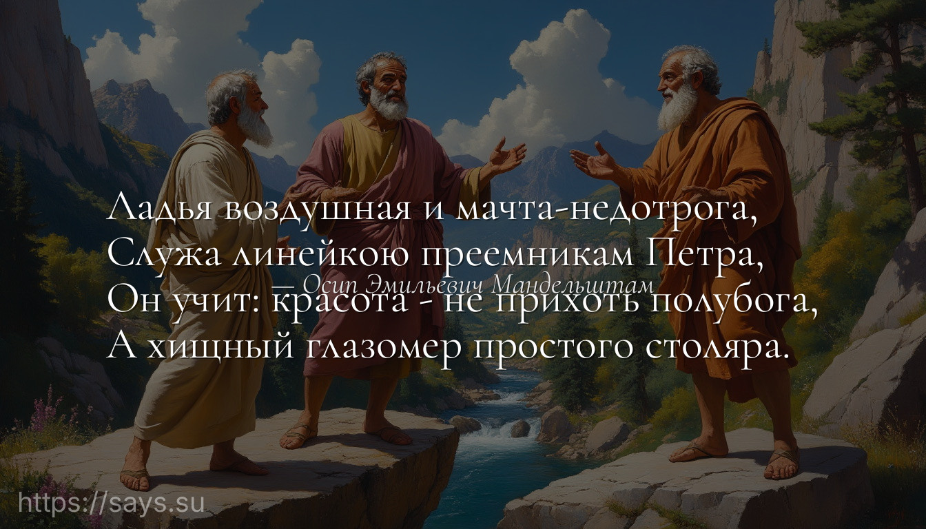 Ладья воздушная и мачта-недотрога,<br />Служа линейкою преемникам Петра,<br />Он учит: красота - не прихоть полубога,<br />А хищный глазомер простого столяра.