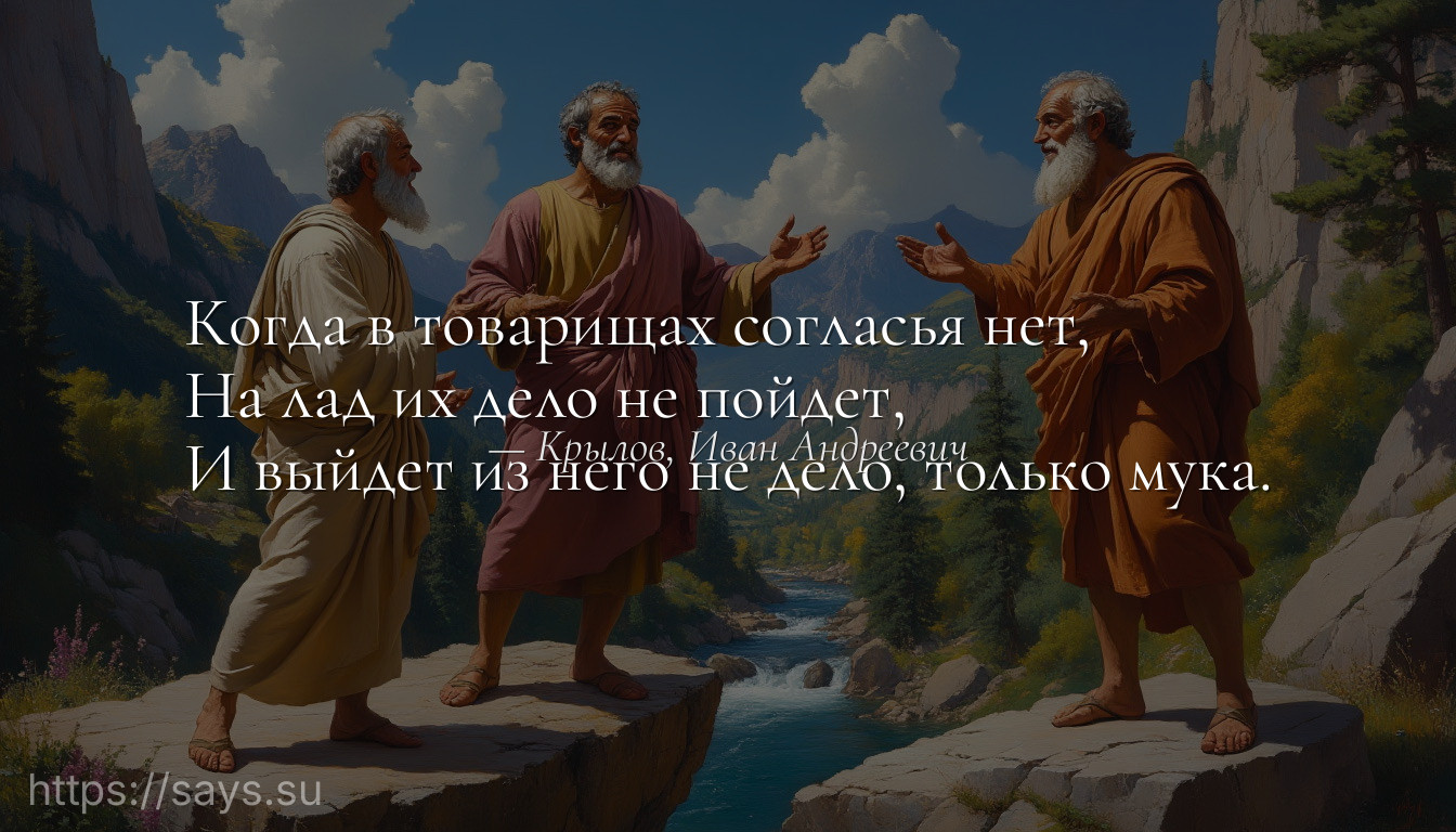Когда в товарищах согласья нет,<br />На лад их дело не пойдет,<br />И выйдет из него не дело, только мука.