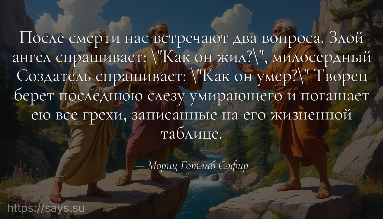 После смерти нас встречают два вопроса. Злой ангел спрашивает: \Как он жил?\, милосердный Создатель спрашивает: \Как он умер?\ Творец берет последнюю слезу умирающего и погашает ею все грехи, записанные на его жизненной таблице.