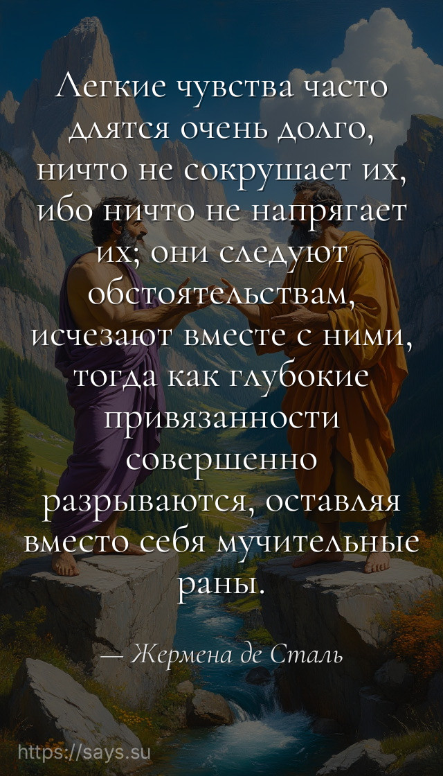 Легкие чувства часто длятся очень долго, ничто не сокрушает их, ибо ничто не напрягает их; они следуют обстоятельствам, исчезают вместе с ними, тогда как глубокие привязанности совершенно разрываются, оставляя вместо себя мучительные раны.
