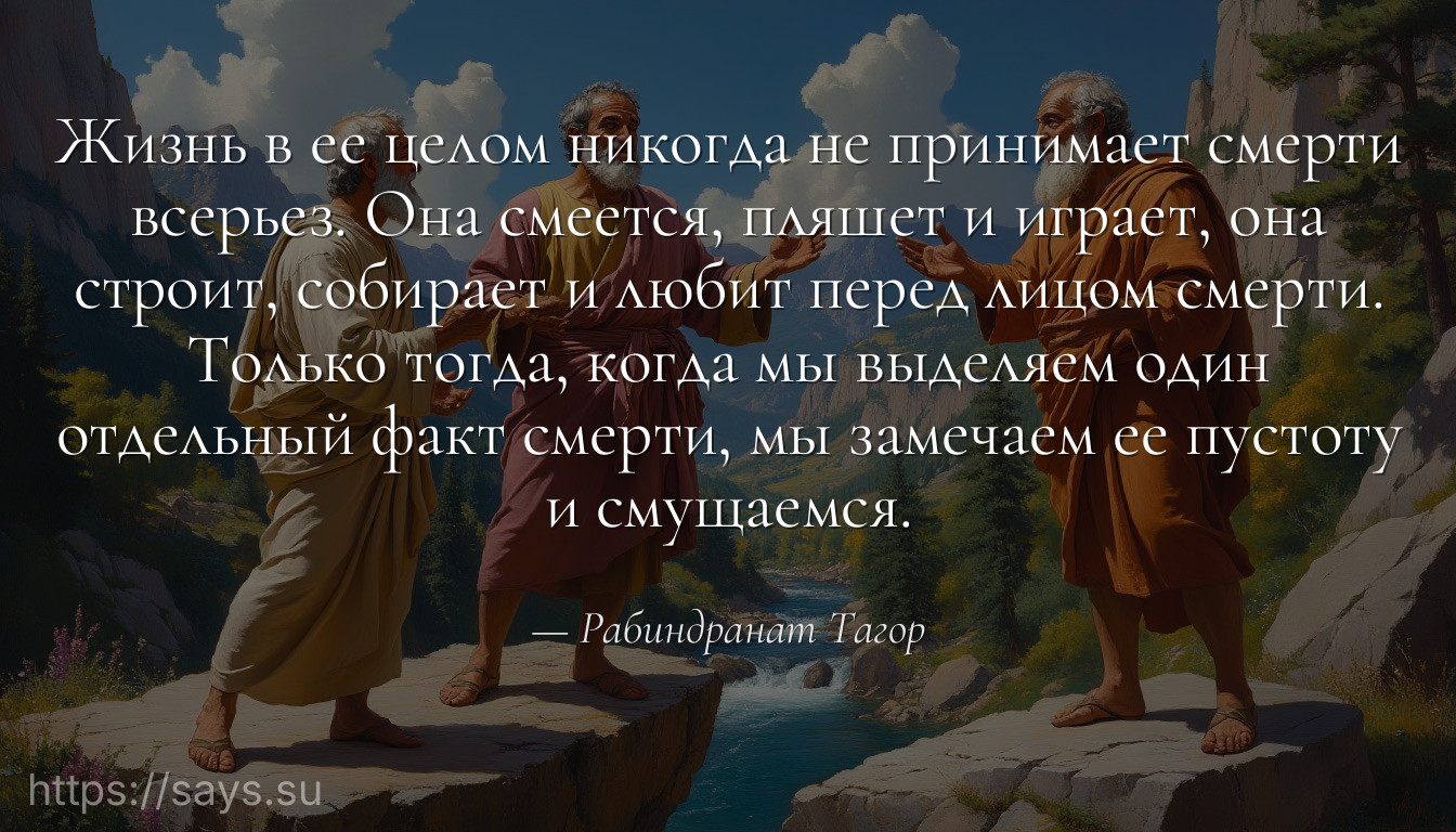 Жизнь в ее целом никогда не принимает смерти всерьез. Она смеется, пляшет и играет, она строит, собирает и любит перед лицом смерти. Только тогда, когда мы выделяем один отдельный факт смерти, мы замечаем ее пустоту и смущаемся.
