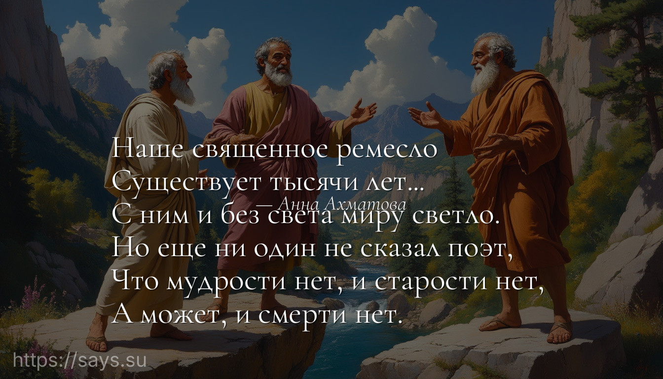 Наше священное ремесло <br />Существует тысячи лет... <br />С ним и без света миру светло. <br />Но еще ни один не сказал поэт, <br />Что мудрости нет, и старости нет, <br />А может, и смерти нет.