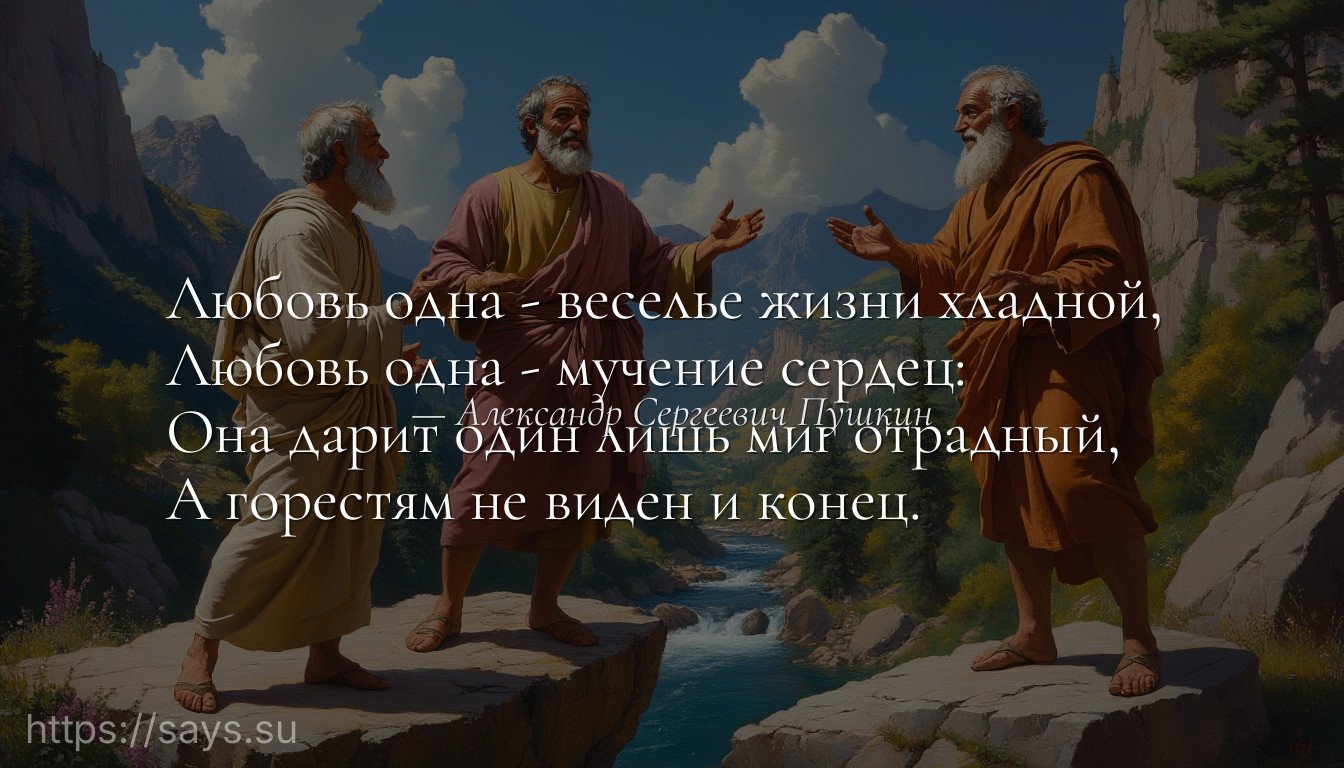 Любовь одна - веселье жизни хладной, <br />Любовь одна - мучение сердец:<br />Она дарит один лишь миг отрадный, <br />А гореcтям не виден и конец.