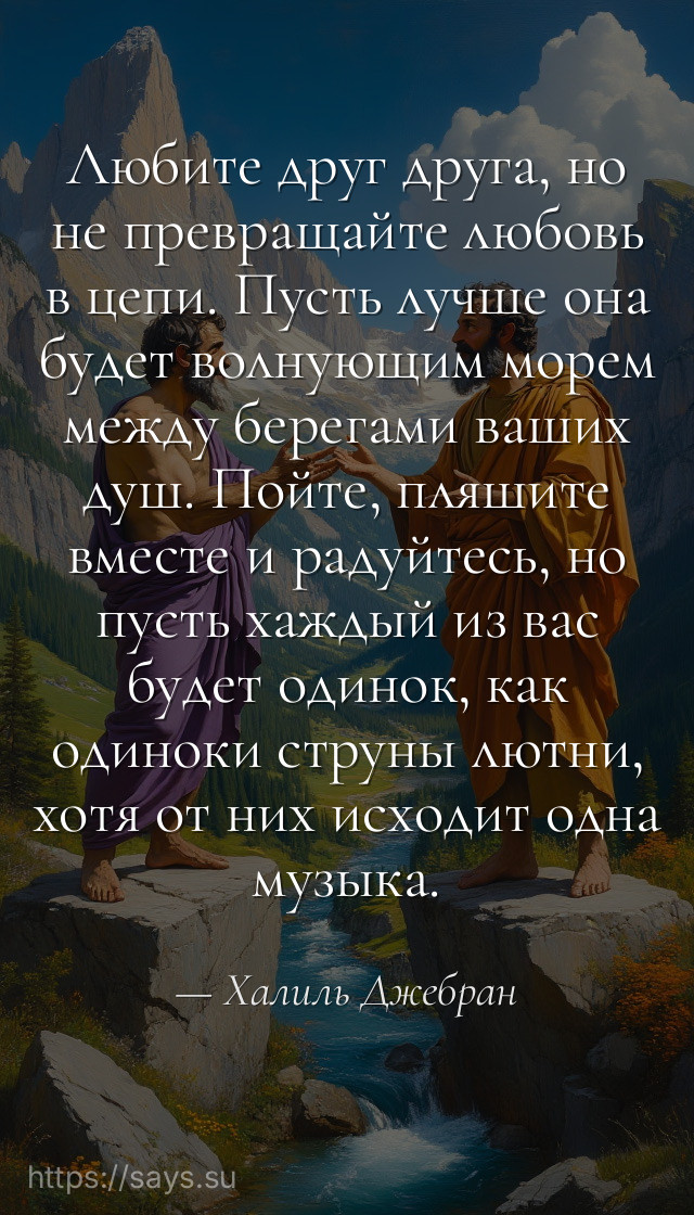 Любите друг друга, но не превращайте любовь в цепи. Пусть лучше она будет волнующим морем между берегами ваших душ. Пойте, пляшите вместе и радуйтесь, но пусть хаждый из вас будет одинок, как одиноки струны лютни, хотя от них исходит одна музыка.