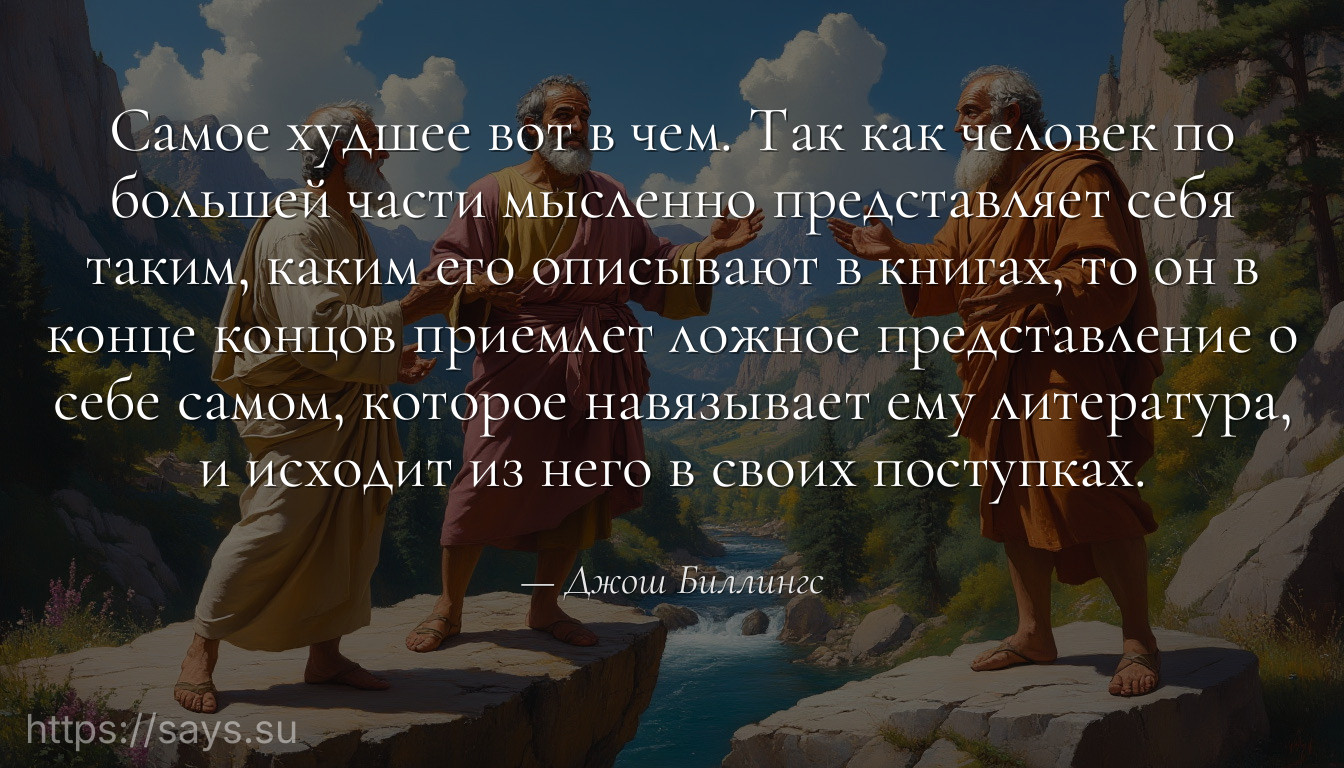 Самое худшее вот в чем. Так как человек по большей части мысленно представляет себя таким, каким его описывают в книгах, то он в конце концов приемлет ложное представление о себе самом, которое навязывает ему литература, и исходит из него в своих поступках.