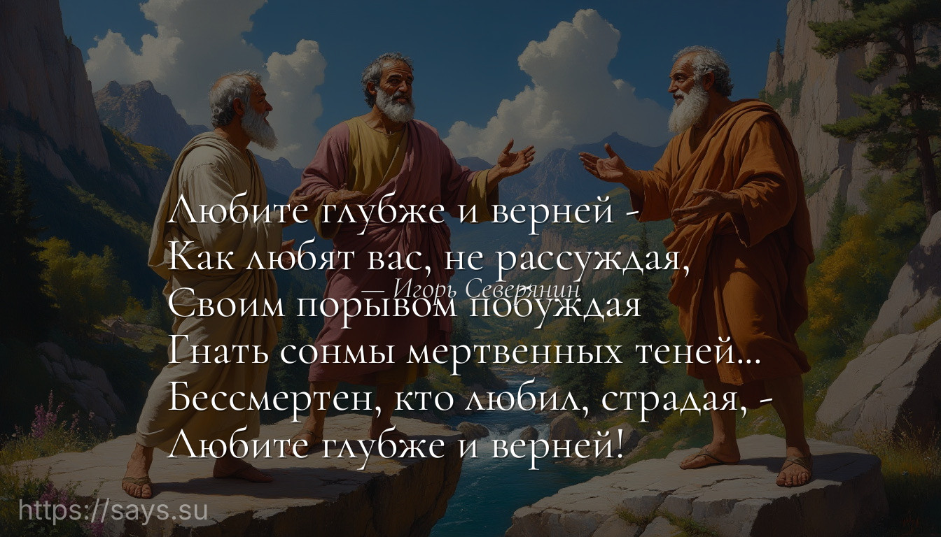 Любите глубже и верней -<br />Как любят вас, не рассуждая, <br />Своим порывом побуждая <br />Гнать сонмы мертвенных теней...<br />Бессмертен, кто любил, страдая, -<br />Любите глубже и верней!