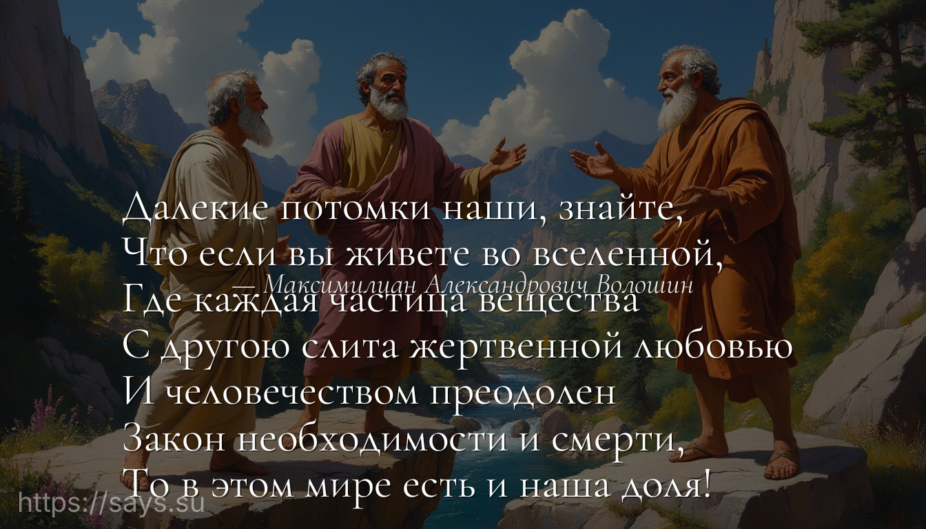 Далекие потомки наши, знайте, <br />Что если вы живете во вселенной, <br />Где каждая частица вещества <br />С другою слита жертвенной любовью <br />И человечеством преодолен <br />Закон необходимости и смерти, <br />То в этом мире есть и наша доля!