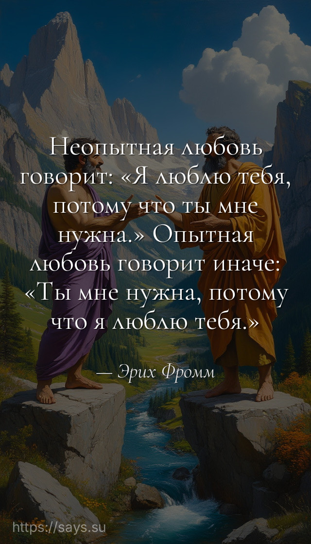 Неопытная любовь говорит: «Я люблю тебя, потому что ты мне нужна.» Опытная любовь говорит иначе: «Ты мне нужна, потому что я люблю тебя.»