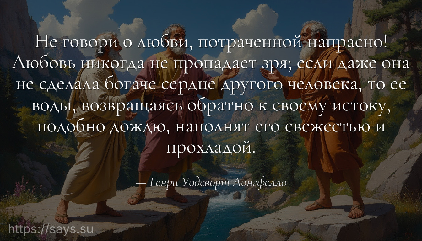 Не говори о любви, потраченной напрасно! Любовь никогда не пропадает зря; если даже она не сделала богаче cepдце другого человека, то ее воды, возвращаясь обратно к своему истоку, подобно дождю, наполнят его свежестью и прохладой.
