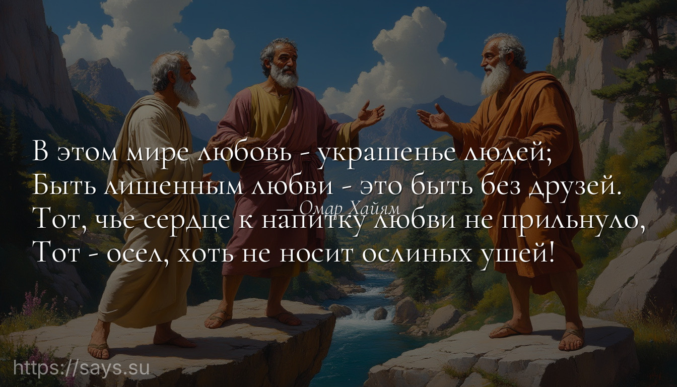 В этом мире любовь - украшенье людей;<br />Быть лишенным любви - это быть без друзей.<br />Тот, чье сердце к напитку любви не прильнуло,<br />Тот - осел, хоть не носит ослиных ушей!