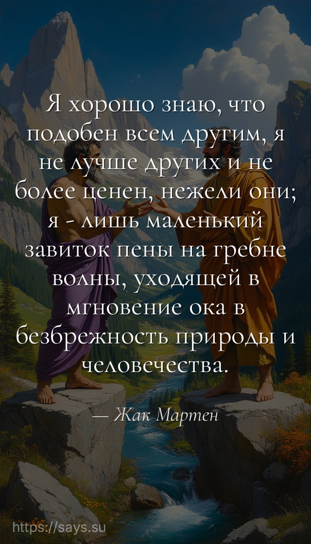 Я хорошо знаю, что подобен всем другим, я не лучше других и не более ценен, нежели они; я - лишь маленький завиток пены на гребне волны, уходящей в мгновение ока в безбрежность природы и человечества.