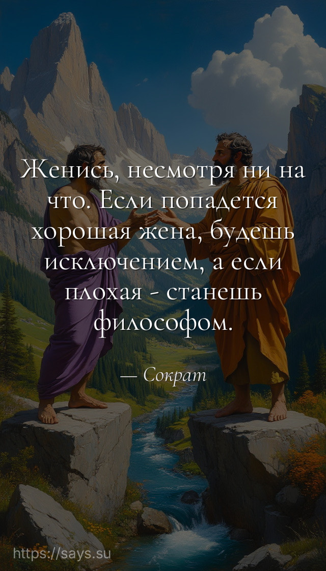 Женись, несмотря ни на что. Если попадется хорошая жена, будешь исключением, а если плохая - станешь философом.
