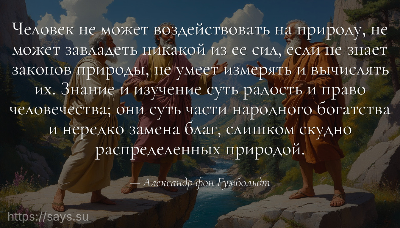 Человек не может воздействовать на природу, не может завладеть никакой из ее сил, если не знает законов природы, не умеет измерять и вычислять их. Знание и изучение суть радость и право человечества; они суть части народного богатства и нередко замена благ, слишком скудно распределенных природой.