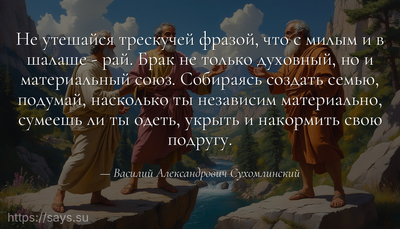 Не утешайся трескучей фразой, что с милым и в шалаше - рай. Брак не только духовный, но и материальный союз. Собираясь создать семью, подумай, насколько ты независим материально, сумеешь ли ты одеть, укрыть и накормить свою подругу.