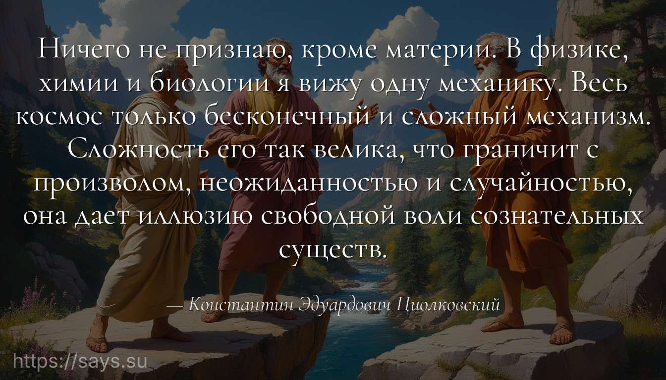 Ничего не признаю, кроме материи. В физике, химии и биологии я вижу одну механику. Весь космос только бесконечный и сложный механизм. Сложность его так велика, что граничит с произволом, неожиданностью и случайностью, она дает иллюзию свободной воли сознательных существ.