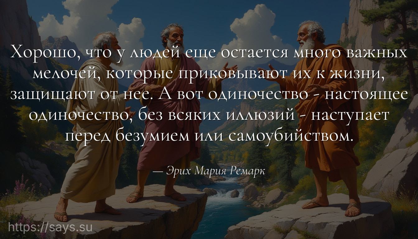 Хорошо, что у людей еще остается много важных мелочей, которые приковывают их к жизни, защищают от нее. А вот одиночество - настоящее одиночество, без всяких иллюзий - наступает перед безумием или самоубийством.