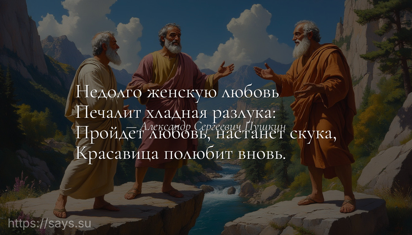 Недолго женскую любовь <br />Печалит хладная разлука:<br />Пройдет любовь, настанет скука,<br />Красавица полюбит вновь.