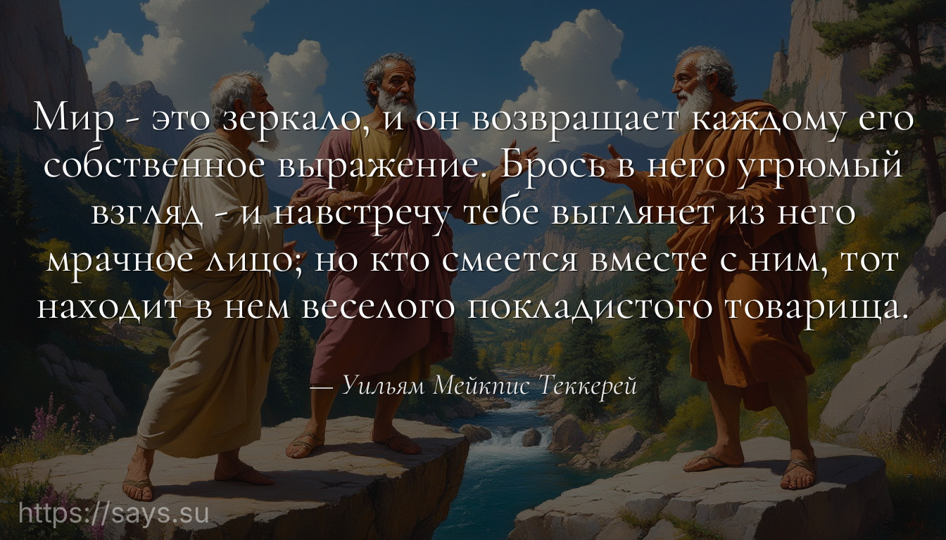 Мир - это зеркало, и он возвращает каждому его собственное выражение. Брось в него угрюмый взгляд - и навстречу тебе выглянет из него мрачное лицо; но кто смеется вместе с ним, тот находит в нем веселого покладистого товарища.
