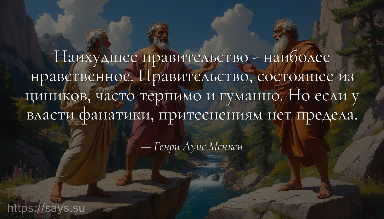 Наихудшее правительство - наиболее нравственное. Правительство, состоящее из циников, часто терпимо и гуманно. Но если у власти фанатики, притеснениям нет предела.