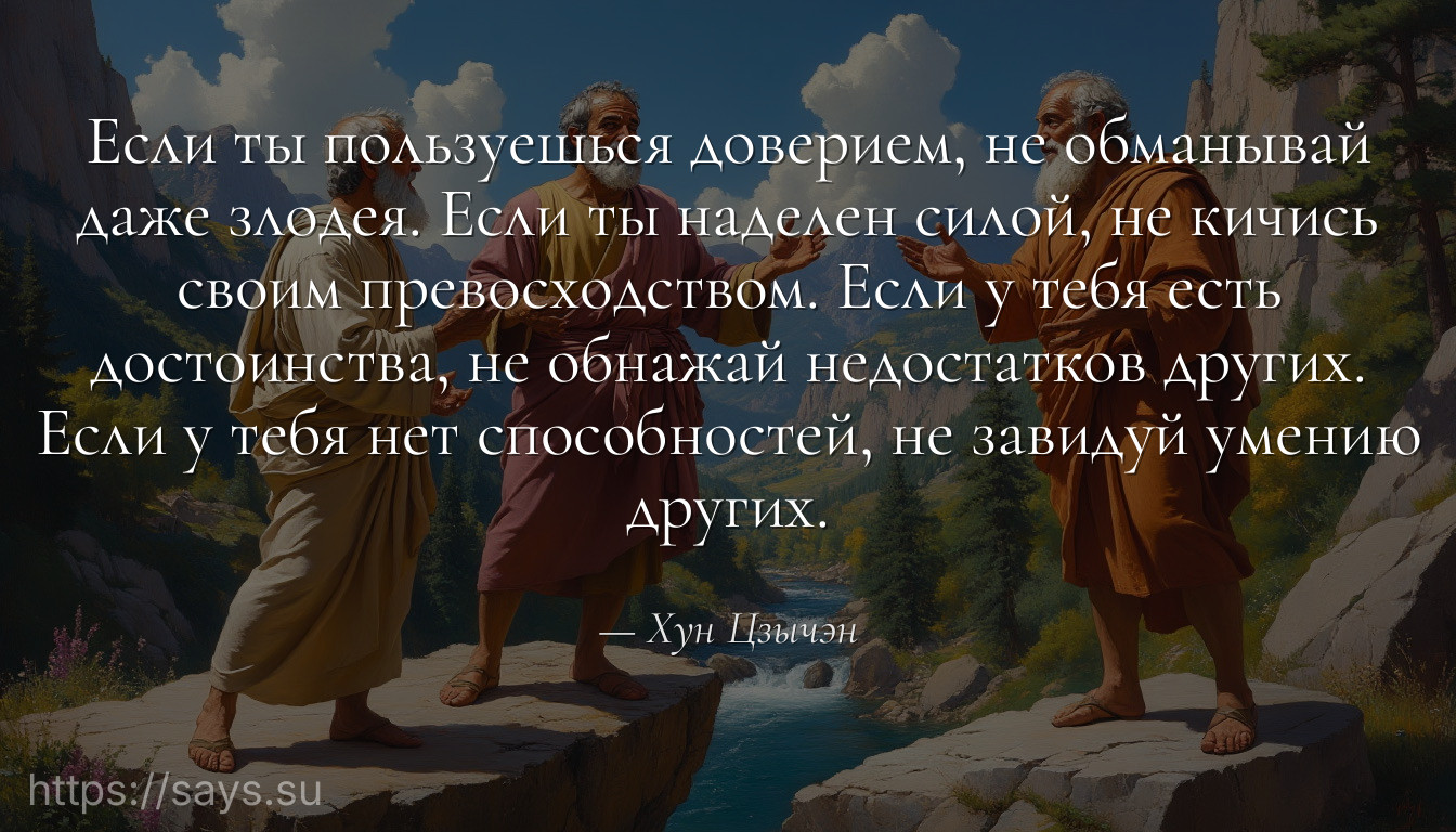 Если ты пользуешься доверием, не обманывай даже злодея. Если ты наделен силой, не кичись своим превосходством. Если у тебя есть достоинства, не обнажай недостатков других. Если у тебя нет способностей, не завидуй умению других.