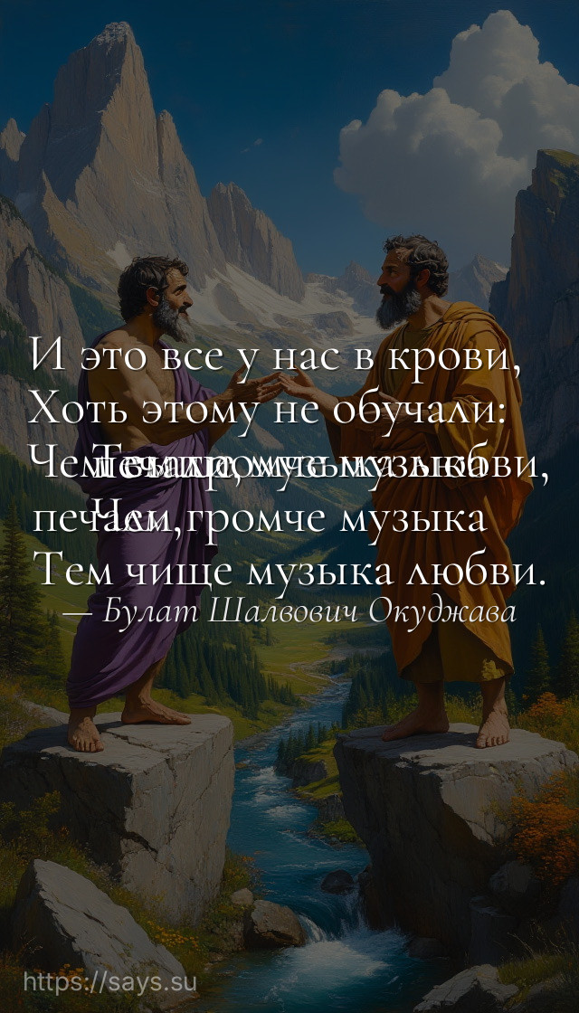 И это все у нас в крови, <br />Хоть этому не обучали:<br />Чем выше музыка любви, <br />Тем громче музыка печали, <br />Чем громче музыка печали, <br />Тем чище музыка любви.