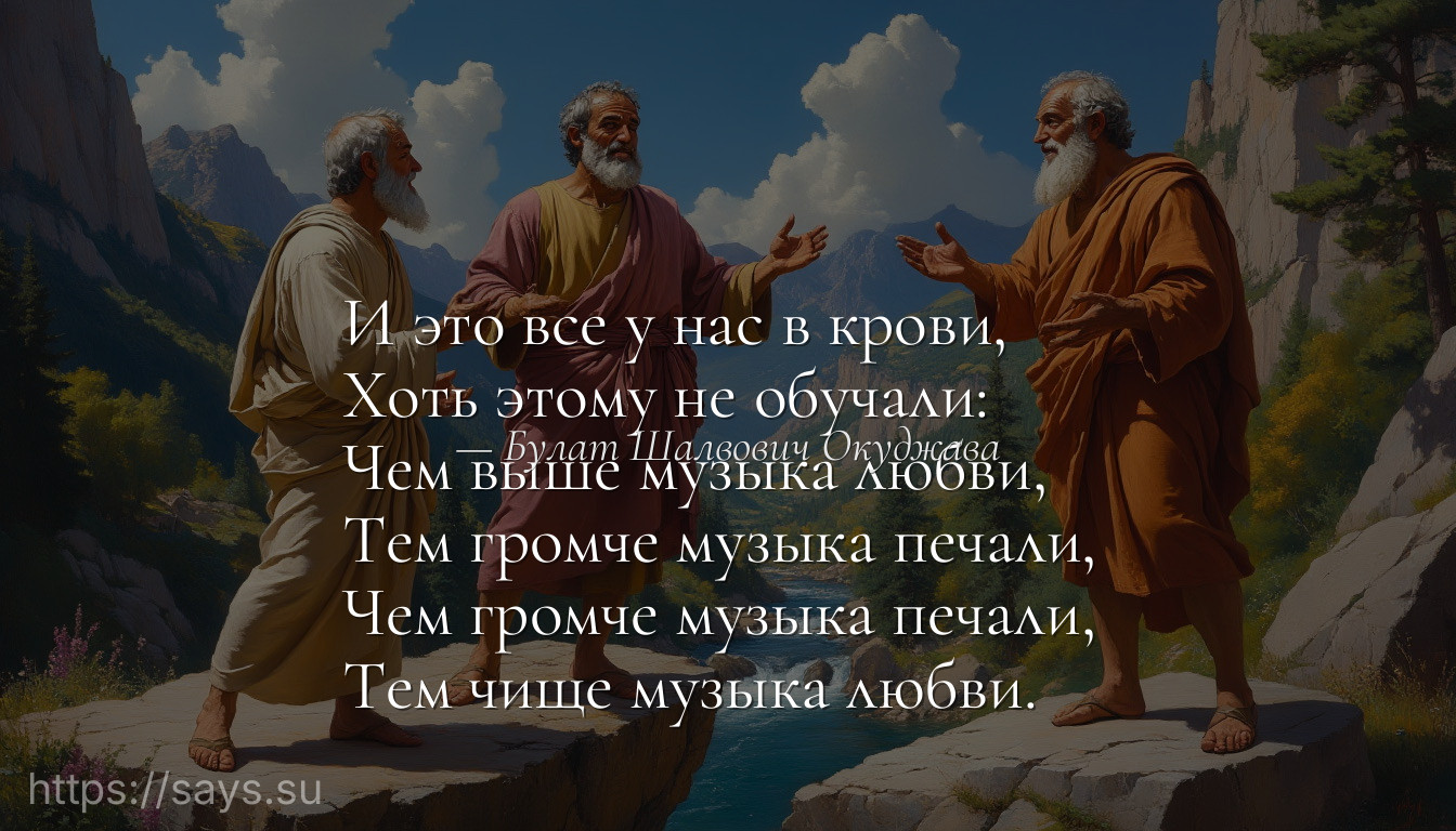 И это все у нас в крови, <br />Хоть этому не обучали:<br />Чем выше музыка любви, <br />Тем громче музыка печали, <br />Чем громче музыка печали, <br />Тем чище музыка любви.