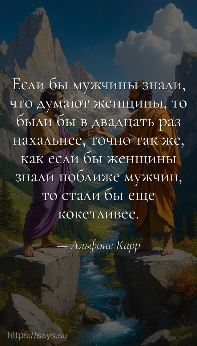 Если бы мужчины знали, что думают женщины, то были бы в двадцать раз нахальнее, точно так же, как если бы женщины знали поближе мужчин, то стали бы еще кокетливее.
