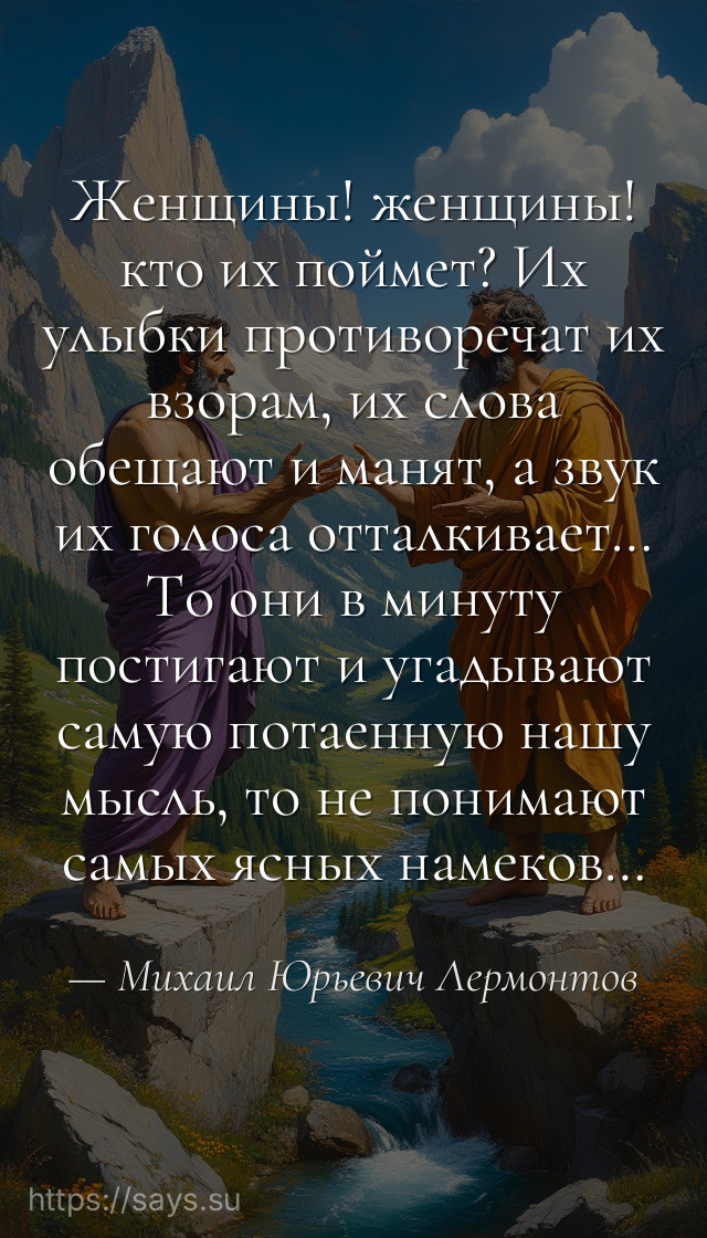 Женщины! женщины! кто их поймет? Их улыбки противоречат их взорам, их слова обещают и манят, а звук их голоса отталкивает… То они в минуту постигают и угадывают самую потаенную нашу мысль, то не понимают самых ясных намеков…