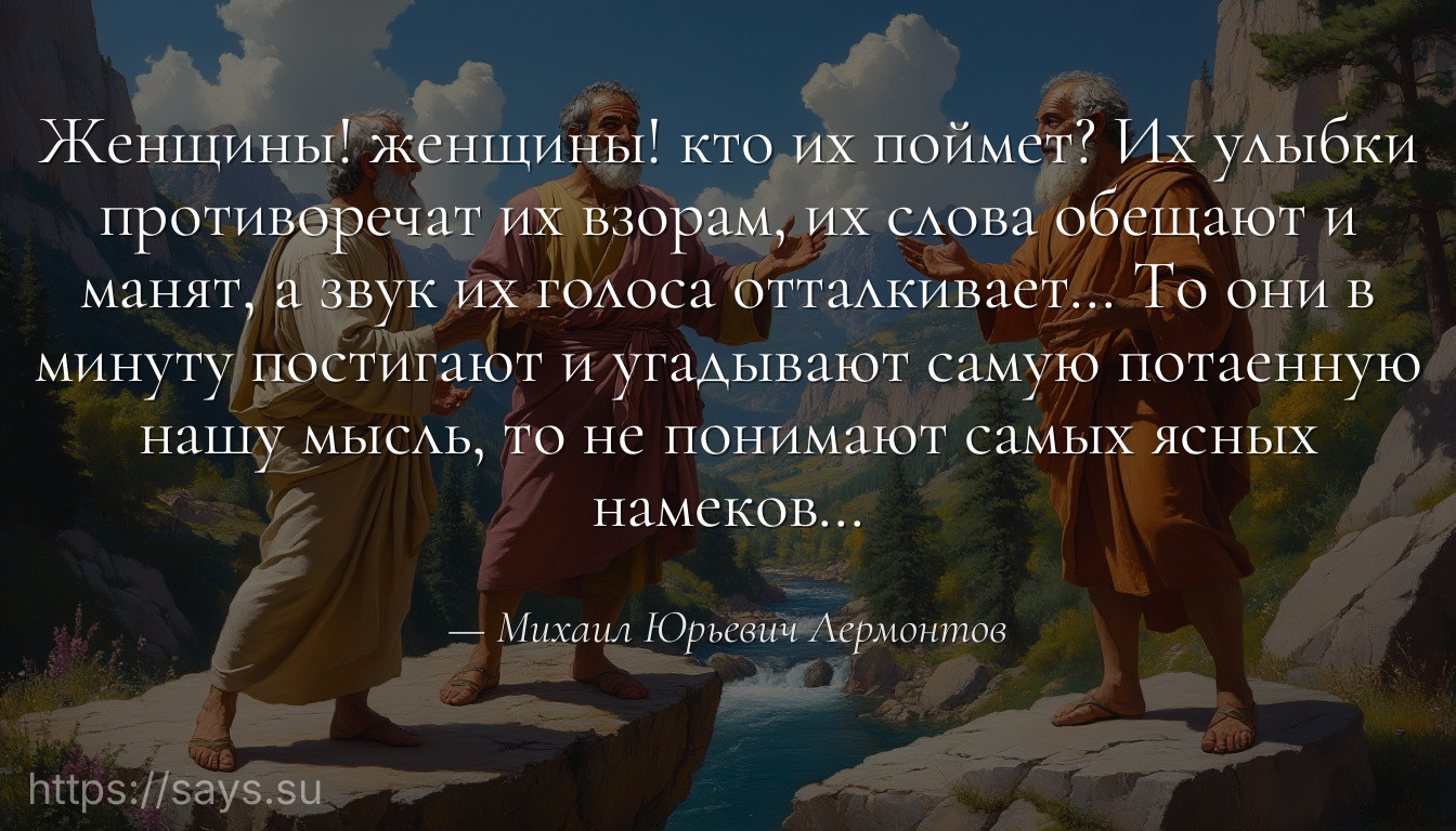 Женщины! женщины! кто их поймет? Их улыбки противоречат их взорам, их слова обещают и манят, а звук их голоса отталкивает… То они в минуту постигают и угадывают самую потаенную нашу мысль, то не понимают самых ясных намеков…