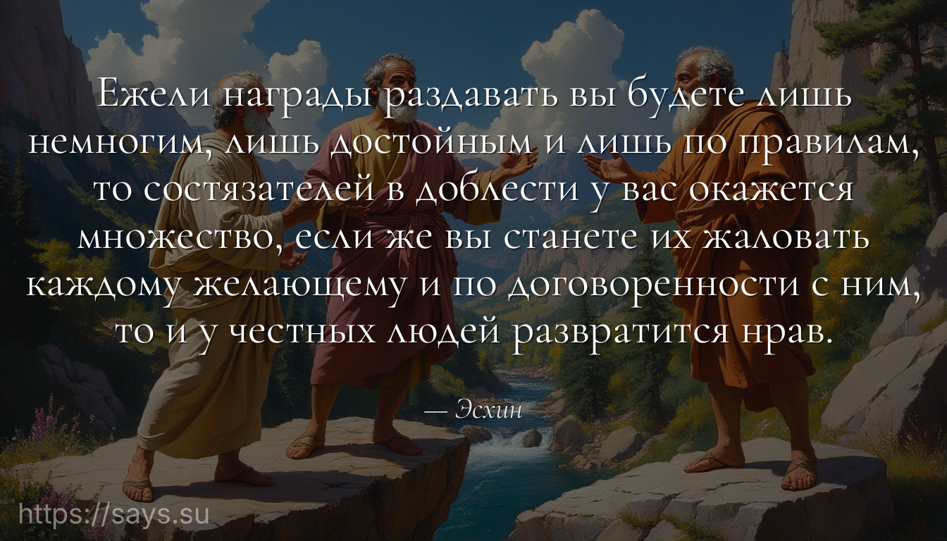 Ежели награды раздавать вы будете лишь немногим, лишь достойным и лишь по правилам, то состязателей в доблести у вас окажется множество, если же вы станете их жаловать каждому желающему и по договоренности с ним, то и у честных людей развратится нрав.