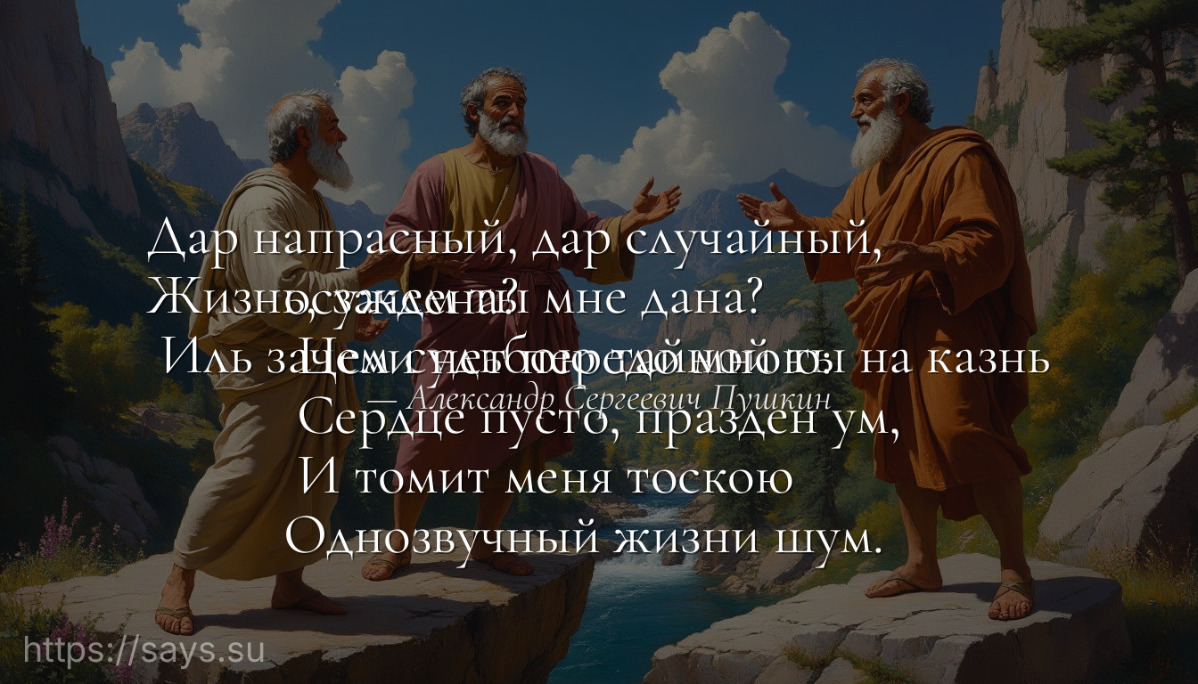 Дар напрасный, дар случайный, <br />Жизнь, зачем ты мне дана? <br /> Иль зачем судьбою тайной ты на казнь осуждена? <br /> Цели нет передо мною: <br /> Сердце пусто, празден ум, <br /> И томит меня тоскою <br />Однозвучный жизни шум.