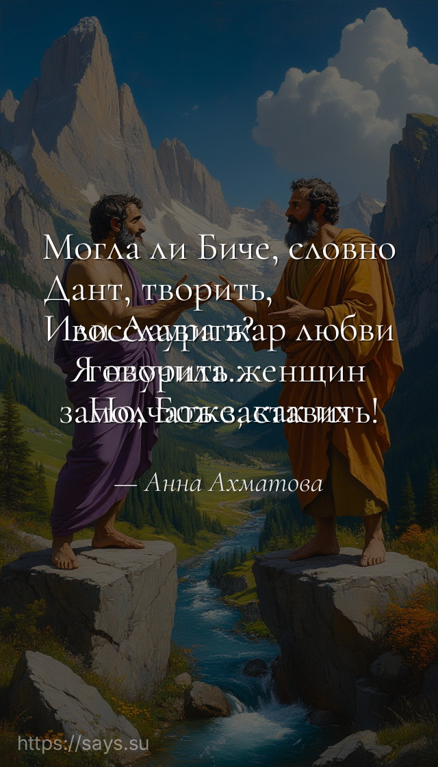 Могла ли Биче, словно Дант, творить, <br />Или Лаура жар любви восславить? <br />Я научила женщин говорить... <br />Но, Боже, как их замолчать заставить!