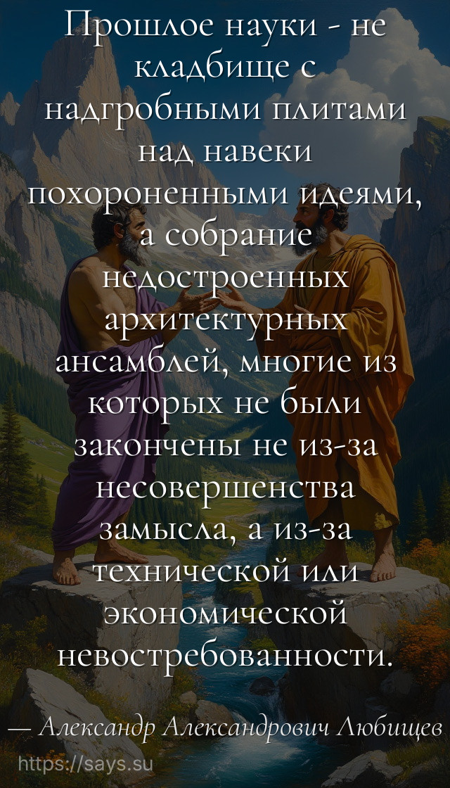 Прошлое науки - не кладбище с надгробными плитами над навеки похороненными идеями, а собрание недостроенных архитектурных ансамблей, многие из которых не были закончены не из-за несовершенства замысла, а из-за технической или экономической невостребованности.