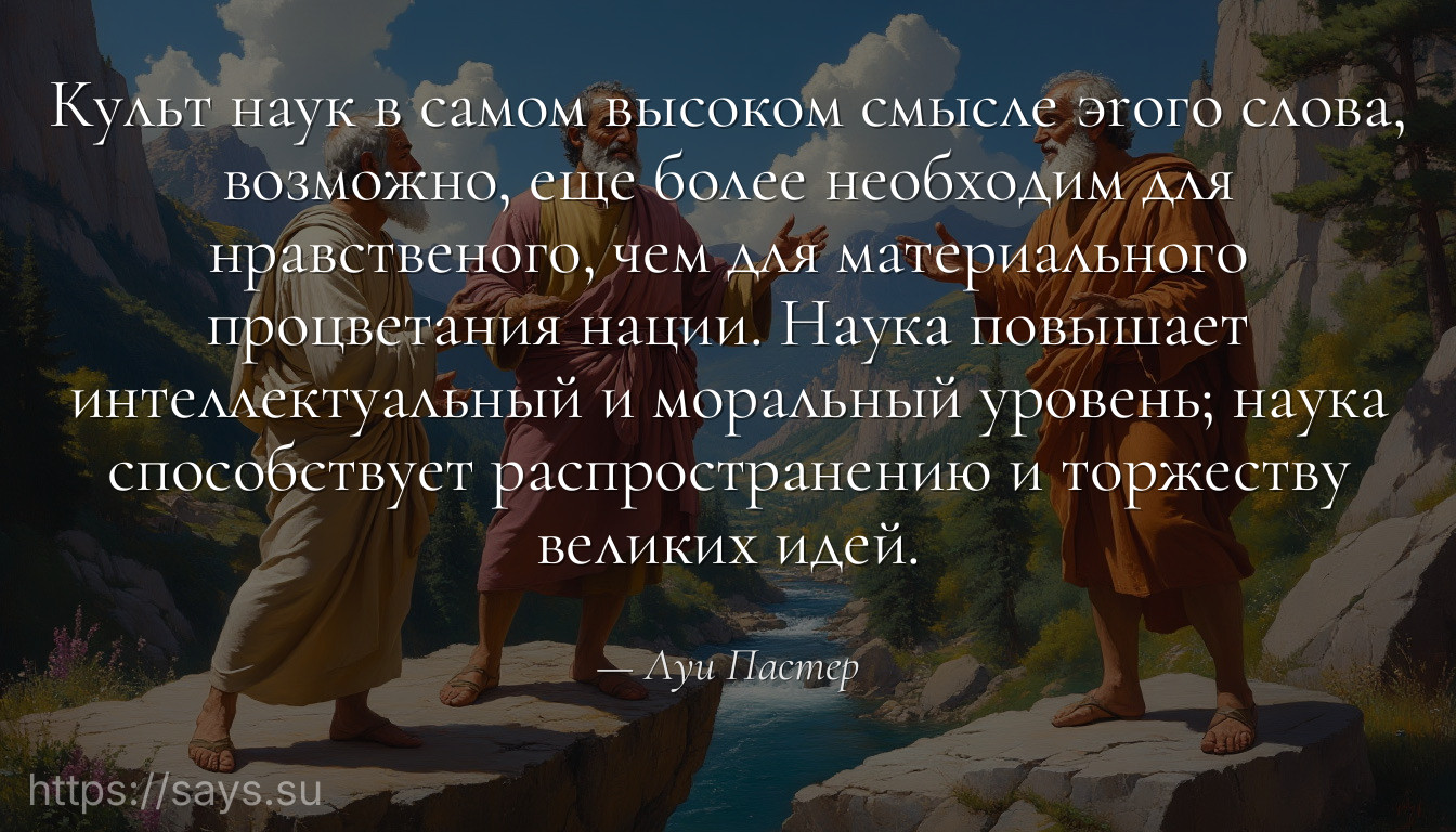 Культ наук в самом высоком смысле эrого слова, возможно, еще более необходим для нравственого, чем для материального процветания нации. Наука повышает интеллектуальный и моральный уровень; наука способствует распространению и торжеству великих идей.