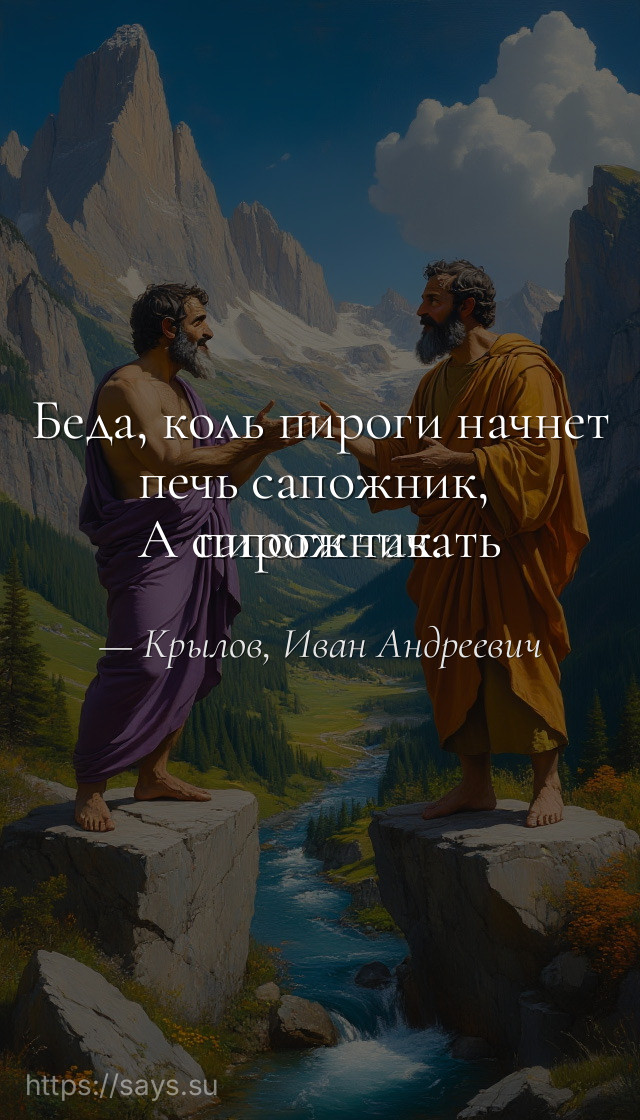 Беда, коль пироги начнет печь сапожник,<br />А сапоги тачать пирожник.