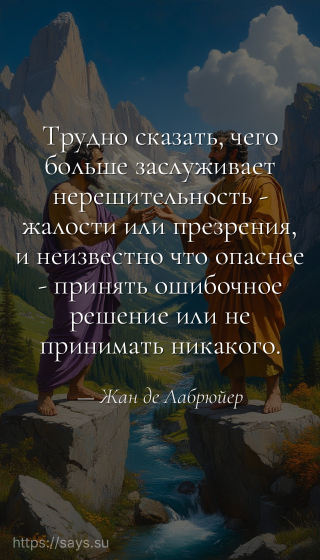 Трудно сказать, чего больше заслуживает нерешительность - жалости или презрения, и неизвестно что опаснее - принять ошибочное решение или не принимать никакого.